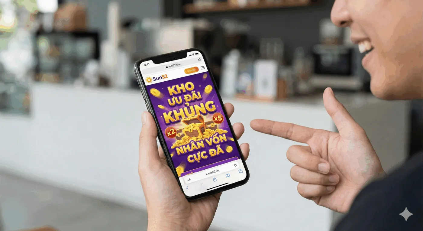 Người cầm điện thoại hiển thị Sun52 với chữ Kho ưu đãi khủng và nhận vốn cực đã