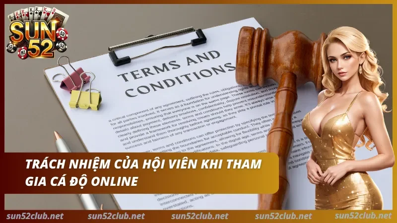 Sun52 với tài liệu Terms and Conditions, búa gỗ và dòng chữ Trách nhiệm của hội viên khi tham gia cá độ online